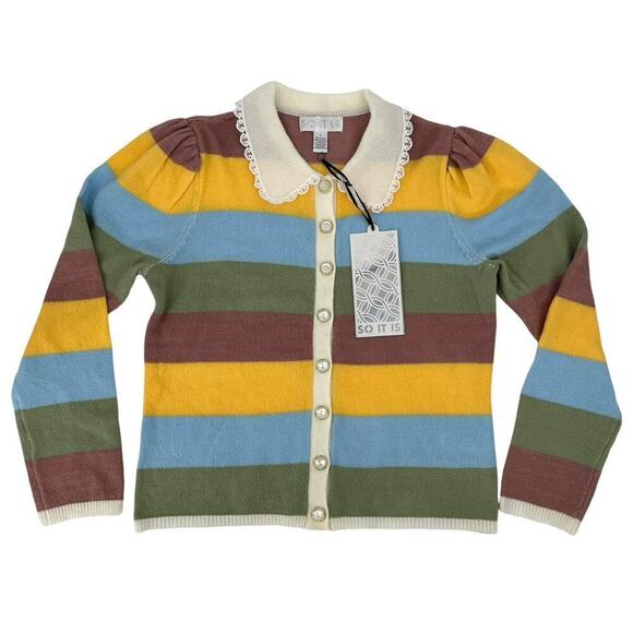 NWT So It Is Deja Vu Cardigan Seafoam Stripe Coquette Collar Large - Picture 1 of 8